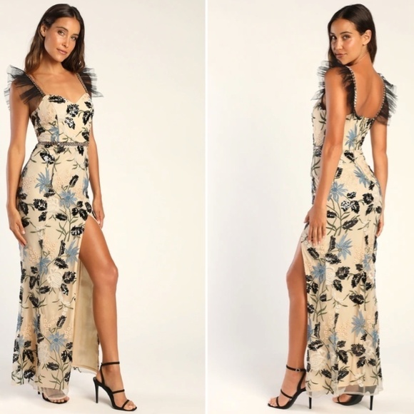 LULU's Floral Sexy Showstopper Prom Wedding Chic Bustier Maxi Gown NWOT - Picture 1 of 4